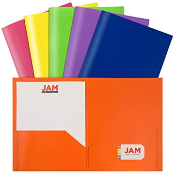 JAM PAPER Plastic 2 Pocket School POP Folders - Assorted Primary Colors - 6/Pack