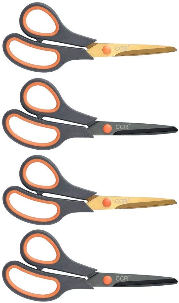 CCR Scissors 8 Inch Soft Comfort-Grip Handles Sharp Titanium Blades, 4-Pack