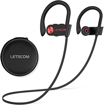 Bluetooth Headphones, LETSCOM Wireless Earbuds V5.0 IPX7 Waterproof Noise Cancelling Headsets, Richer Bass & HiFi Stereo Sports Earphones 8 Hours Playtime Running Headphones with Travel Case