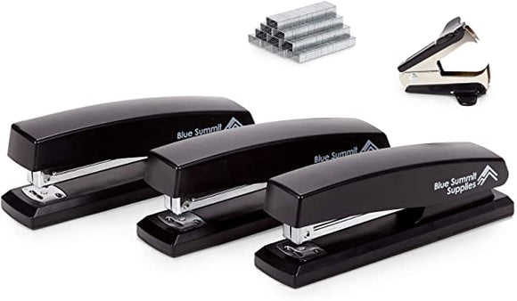 Blue Summit Supplies Standard Stapler Set, Black Plastic 3 Pack, Full Size, Regular Desktop Staplers for Office, Home, or School Use, Includes Staple Remover and 6000 Staples