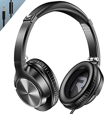 VOGEK Over Ear Headphones with Mic, Stereo Bass Wired Earphones, Portable Lightweight Foldable Headsets with 1.5M Tangle Free Cord and Microphone for Cellphone Tablet Laptop Computer, Black