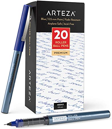 Arteza Rollerball Pens Fine Point, Set of 20 Blue Liquid Ink, Extra Fine 0.5 mm Needle Tip Pen, Make Precise Lines for Writing, Notetaking, and Drawing