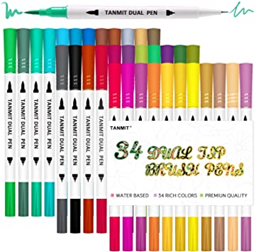 Tanmit Dual Brush Marker Pens for Coloring, Dual Tip Markers Colored Bullet Journal Pen Great for Adult Kids Coloring Books, Drawing, Writing - 34 Colors Art School Supplier