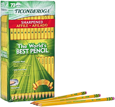 TICONDEROGA Pencils, Wood-Cased #2 HB Soft, Pre-Sharpened with Eraser, Yellow, 72-Pack (13972)