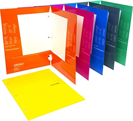 KARTONIKA Pre-Punched Laminated Paper Folders with 4 (2 + 2) Pockets, Made in Europe, Assorted Colors, 6 Pack (Yellow, Orange, Purple, Blue, Turquoise, Gray)