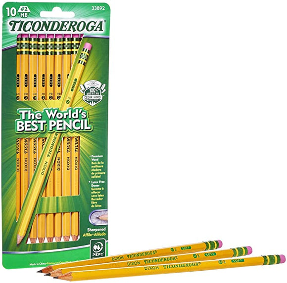 TICONDEROGA Pencils, Wood-Cased, Pre-Sharpened, Graphite #2 HB Soft, Yellow, 10-Pack (33892)