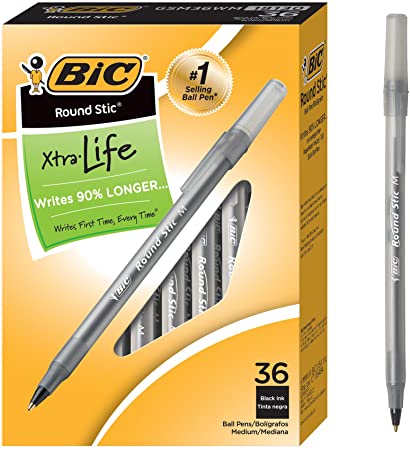 BIC Round Stic Xtra Life Ballpoint Pen, Medium Point (1.0mm), Black, 36-Count