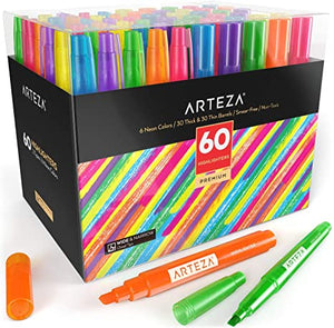 Arteza Highlighters Set of 60, Bulk Pack of Colored Markers, Wide and Narrow Chisel Tips, 6 Assorted Neon Colors, for Adults & Kids