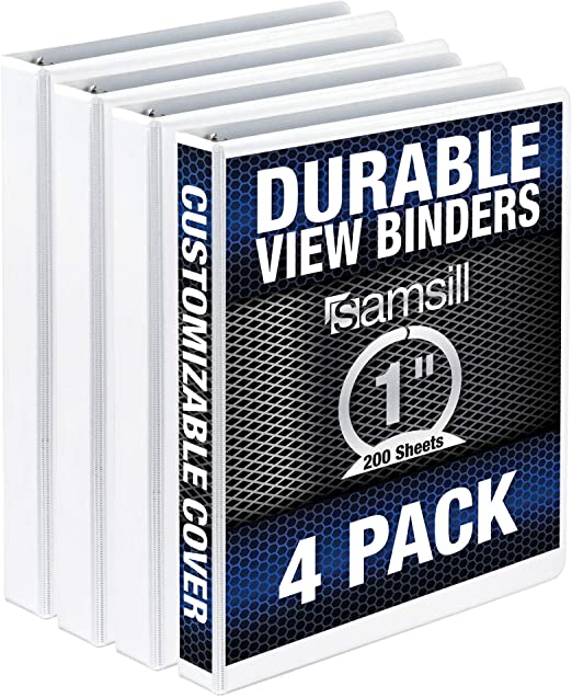 Samsill Durable 3 Ring View Binders, 1 Inch Round Ring - Holds 225 Sheets, PVC-Free / Non-Stick Customizable Cover, White , 4 Pack