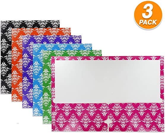 Emraw Damask 2 Pocket Portfolio Two Pockets Folder Legal Document Organizer Designed for Home, Office, School, Classroom, Medical Records and More - Actual Colors May Vary (Pack of 3)