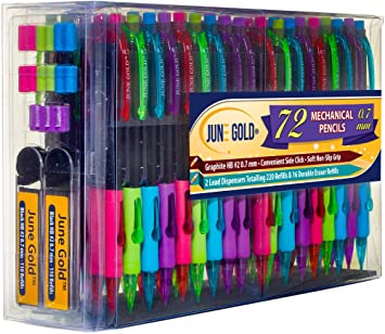 June Gold 72 Mechanical Pencils, 0.7 mm HB #2 Lead, 2 Lead Dispensers/w 220 Refills & 16 Refill Erasers, Break Resistant Lead, Convenient Side Click & Soft Non-Slip Grip